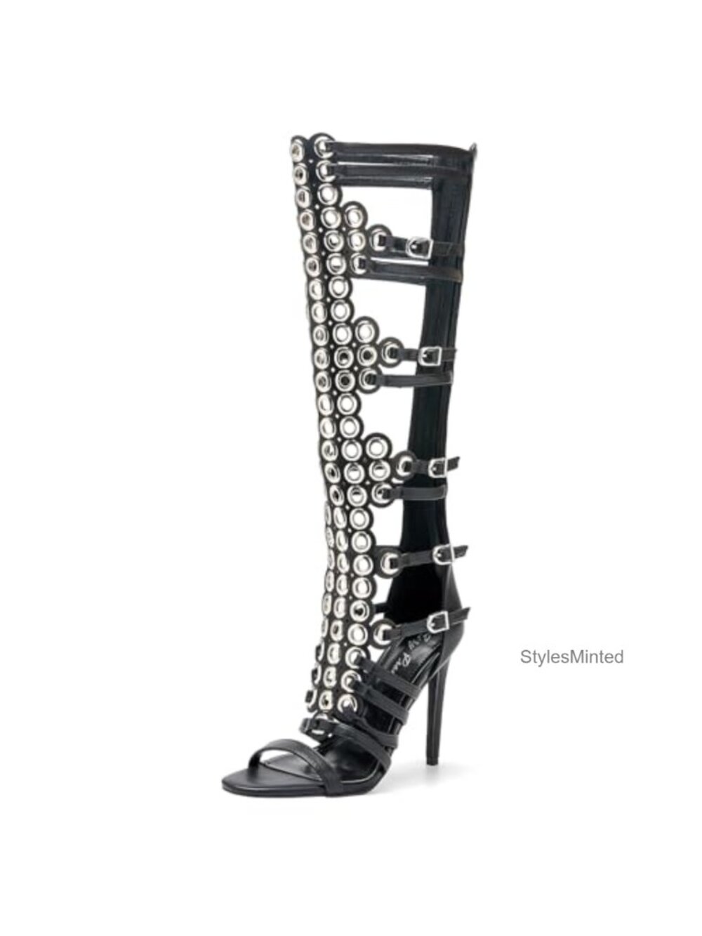 4.3IN Hollow Open Toe Knee High Boots Metal Buckle Stiletto Heels